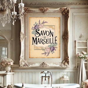 Póster Vintage Baño | Savon de Marseille Arte de Pared | Decoración Francesa | Estilo Shabby Chic | Descarga Digital
