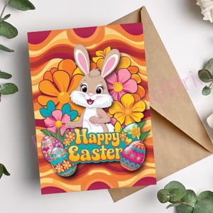 Cartolina Pasqua Retrò | Biglietto Pasqua Vintage | Carta Digitale | Coniglio Hippie | Anni 70 Pasqua