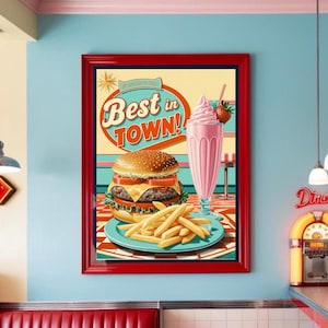 Retro Diner Poster | Vintage Fast Food Art | 50s American Diner Print | Burger & Milkshake Poster | Digital Download