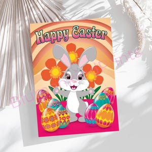 Cartolina Pasqua Retrò | Biglietto Pasqua Vintage | Carta Digitale | Coniglio Hippie | Anni 70 Pasqua