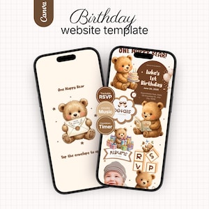 May include: Two smartphones displaying a digital birthday website template featuring brown teddy bear illustrations. The screens show text including One Happy Bear, Luke's 1st Birthday, June 20, 2029, Details, Albums, and RSVP, with icons for music and a countdown timer.