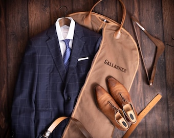 Groomsmen Gift Custom Name Suit Bag, Leather Handle Garment Bag, Gift for Groomsmen, Father of Groom, Canvas Suit Bag, Monogrammed Suit Bag