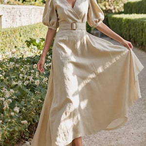 Women Short Sleeves Cotton Dress Soft Casual Loose Tunics Shirt A-line Robes Maxi Dresses Customized Dress Plus Size Clothing Linen Dress