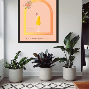 Pósters vintage de cócteles Bellini, láminas artísticas para decoración de cocina, arte mural con brillo melocotón, regalo perfecto para bares en casa, verano.