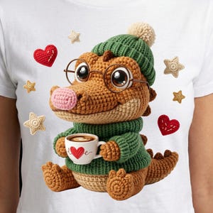 Könnte beinhalten: Weißes Crop-Top mit einem gehäkelten braunen Alligator, der einen grünen Hut, einen Pullover und eine Brille trägt. Der Alligator hält eine Kaffeetasse mit einem Herzdesign. Rote Herzen und goldene Sterne verzieren das Shirt.