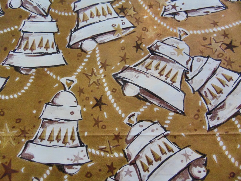 60s Gold Bells Gift Wrap Remnant 20X15 inches Gold White Wrap Vintage Christmas Wrapping Paper