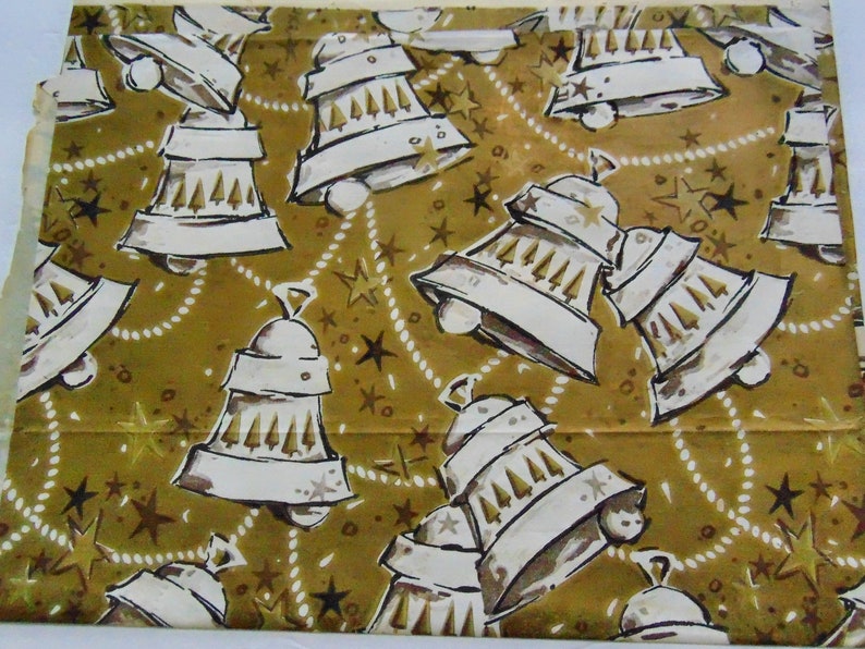 60s Gold Bells Gift Wrap Remnant 20X15 inches Gold White Wrap Vintage Christmas Wrapping Paper