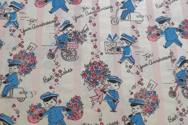 Vintage Anniversary Wrapping Paper Vintage Best Wishes Gift Wrap Postman Flowers One sheet 20X30 inches