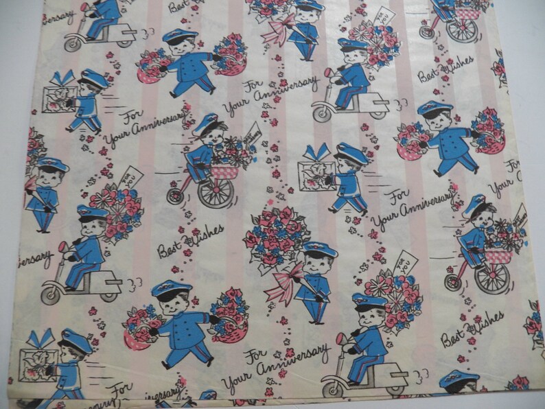 Vintage Anniversary Wrapping Paper Vintage Best Wishes Gift Wrap Postman Flowers One sheet 20X30 inches