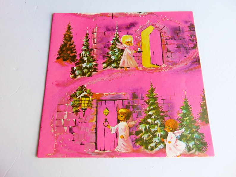 Vintage 60s Pink Angels Christmas Wrapping Paper Vintage Angels Knocking At Door Gift Wrap One Sheet 19x26 Inches Unused Scrapbook