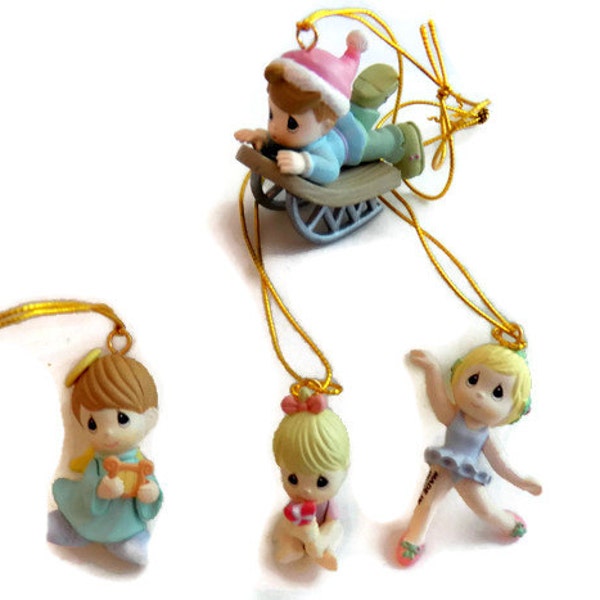 Vintage Precious Moments Mini Ornaments Figures, Set of 4,  Christmas Tree Holiday Decor