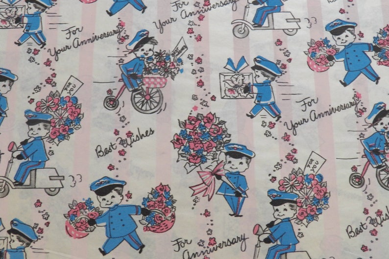 Vintage Anniversary Wrapping Paper Vintage Best Wishes Gift Wrap Postman Flowers One sheet 20X30 inches