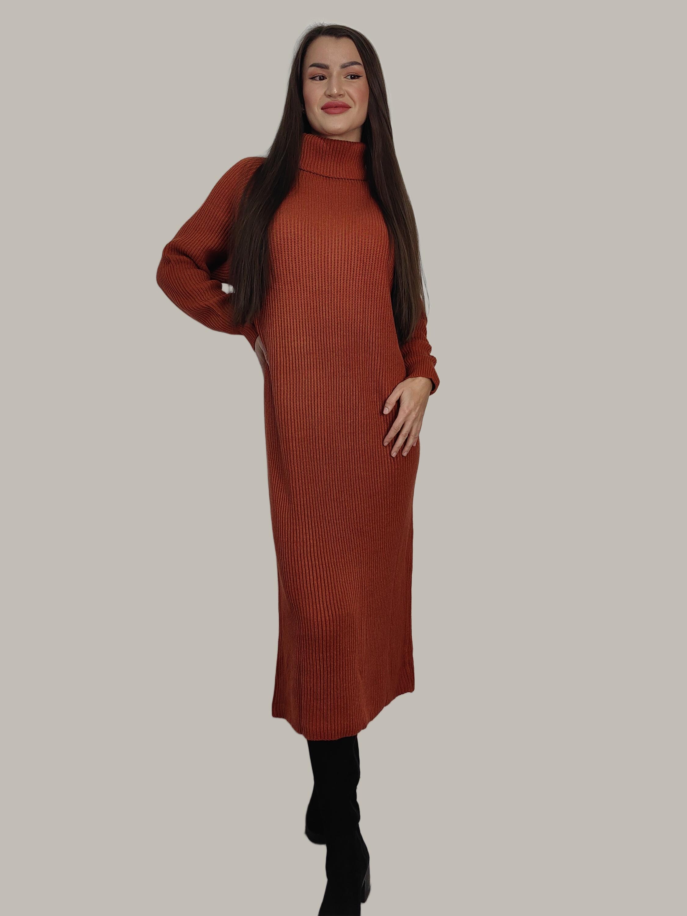 Langes Rollkragen Pullover Kleid Braun Strickkleid Winter Kleid