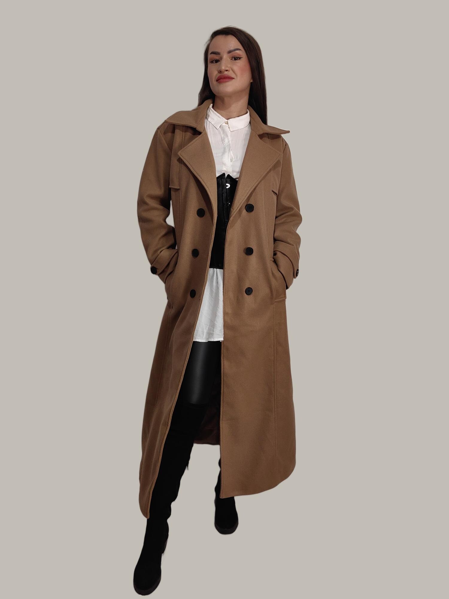 ブラウンウールコート ロングウールコート レディース ダブルブレスト