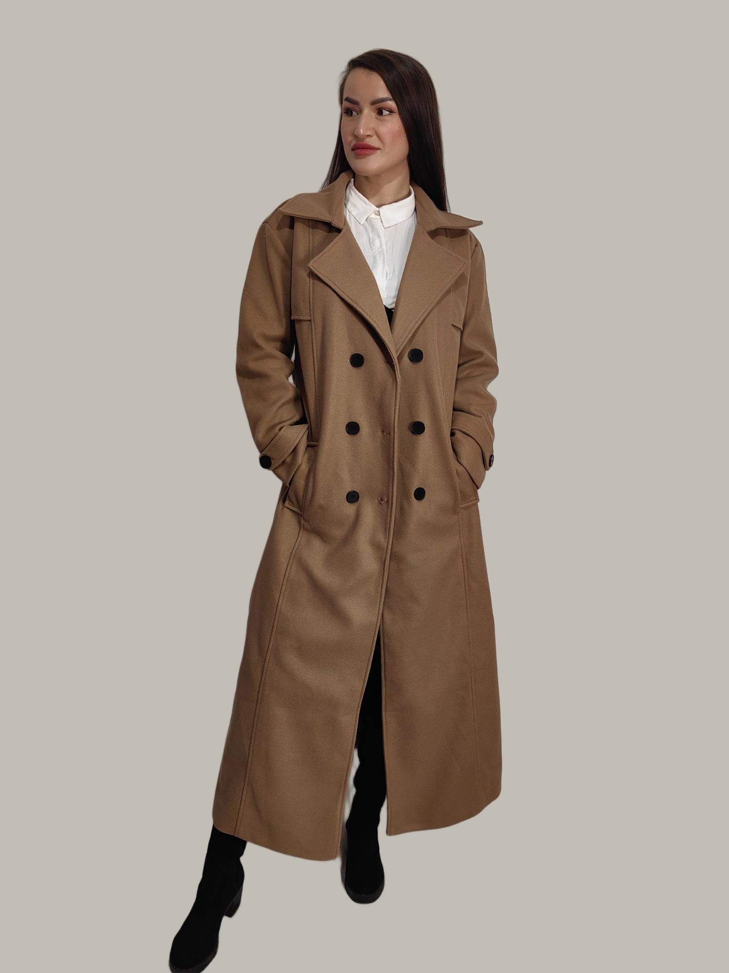 ブラウンウールコート ロングウールコート レディース ダブルブレスト