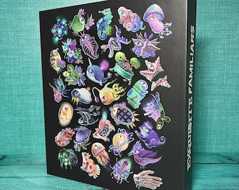May include: A black and white illustration of a collection of fantastical creatures, including a butterfly, a fish, a bird, and a mushroom. The illustration is titled "Exquisite Familiars".