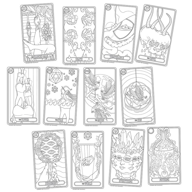 Oddity Tarot Coloring Book Major Arcana 24 Cards Instant Download PDF The Fool Magician Empress Emperor Hierophant Lovers Chariot image 3