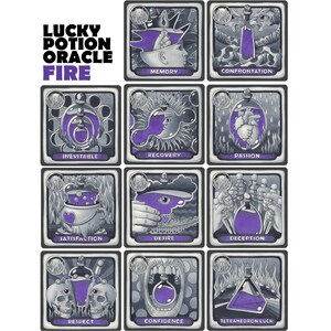 May include: A set of 12 oracle cards with illustrations of potions and various symbols. The cards are titled "Lucky Potion Oracle Fire".