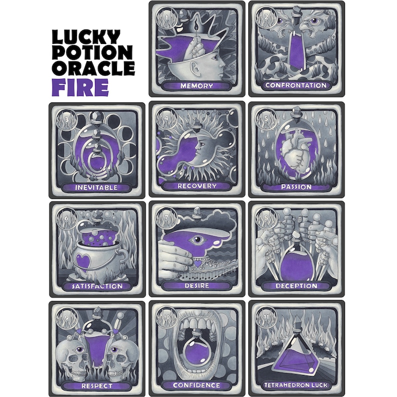 May include: A set of 12 oracle cards with illustrations of potions and various symbols. The cards are titled "Lucky Potion Oracle Fire".