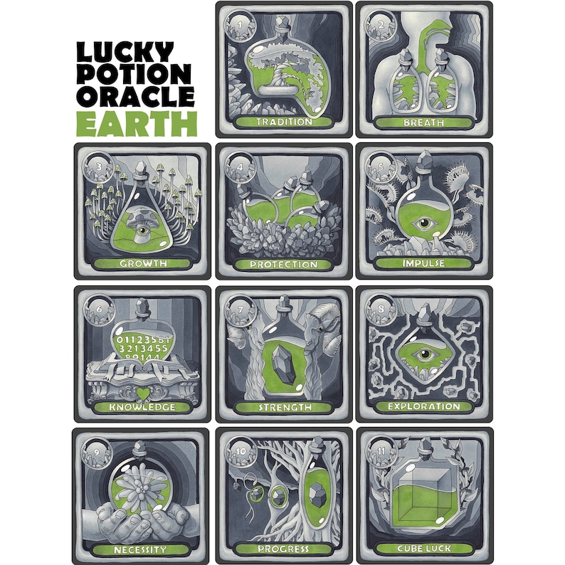 May include: A set of 11 illustrated oracle cards with a green potion theme. Each card features a different potion bottle with a unique design and a number from 1 to 11. The cards are labeled with words like "Tradition", "Breath", "Growth", "Protection", "Impulse", "Knowledge", "Strength", "Exploration", "Necessity", "Progress", and "Cube Luck".
