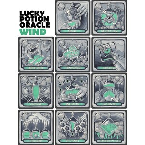 May include: A set of 12 illustrated cards featuring potion bottles with different names, including Magic, Dedication, Impossible, Confusion, Paradox, Disguise, Intuition, Patience, Trickery, Opulence, and Octahedron Luck. The cards are part of a game called Lucky Potion Oracle Wind.