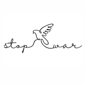 Könnte beinhalten: Ein minimalistisches schwarzes Strichdesign auf weißem Hintergrund. Das Design zeigt das Wort "stop", gefolgt von einer Taube und dem Wort "war". Die Taube ist im Flug dargestellt, mit ausgebreiteten Flügeln. Text und Taube sind verbunden.