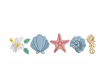 May include: Embroidered designs of a white hibiscus flower, a light blue seashell, a red starfish, a blue spiral shell, and a tan seahorse. The designs are likely for a beach or ocean-themed craft project.