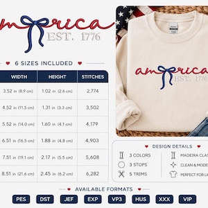 K&ouml;nnte beinhalten: Cremefarbenes Sweatshirt mit dem Wort "america" in roter Schrift mit blauer Schleife und dem Text "EST. 1776" gestickt. Das Bild enth&auml;lt eine Gr&ouml;&szlig;entabelle mit Ma&szlig;en in cm und eine Liste der verf&uuml;gbaren Formate.