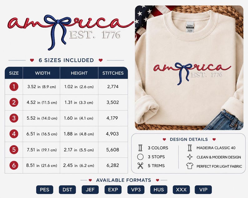 K&ouml;nnte beinhalten: Cremefarbenes Sweatshirt mit dem Wort "america" in roter Schrift mit blauer Schleife und dem Text "EST. 1776" gestickt. Das Bild enth&auml;lt eine Gr&ouml;&szlig;entabelle mit Ma&szlig;en in cm und eine Liste der verf&uuml;gbaren Formate.