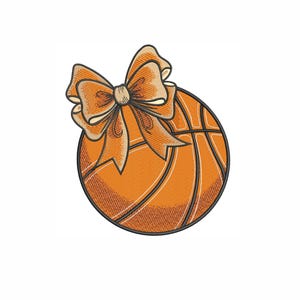 May include: An orange basketball with black lines and a decorative orange bow. The bow is tied at the top of the basketball. The image is a digital illustration on a white background.