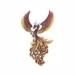 Könnte beinhalten: Gesticktes Phönix-Design in Rot, Gold und Schwarz. Der mythische Vogel wird mit ausgebreiteten Flügeln und einem fließenden Schwanz dargestellt. Das Design weist komplizierte Details und ein stilisiertes Aussehen auf, geeignet für Kleidung oder Dekorationsprojekte.