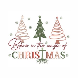 Believe Christmas Trees Embroidery Design, Holiday Script (Digital File)