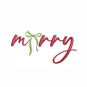 May include: The word "merry" in red script with a green bow. The design is on a white background. The bow is in the center of the word, with the word "merry" in a cursive font.