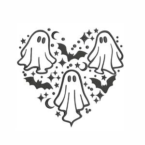 May include: A black and white Halloween design with three ghost figures in a heart shape. The design includes bats, stars, and crescent moons, creating a spooky and festive aesthetic.