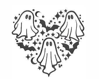 May include: A black and white Halloween-themed design featuring three ghost figures arranged in a heart shape. The design includes bats, stars, and crescent moons, creating a spooky and festive aesthetic.