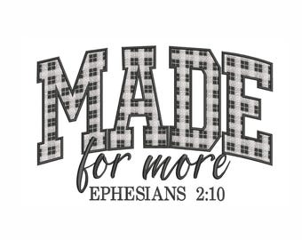 Made for More embroidery design Ephesians 2:10 buffalo plaid letters Christian quote.