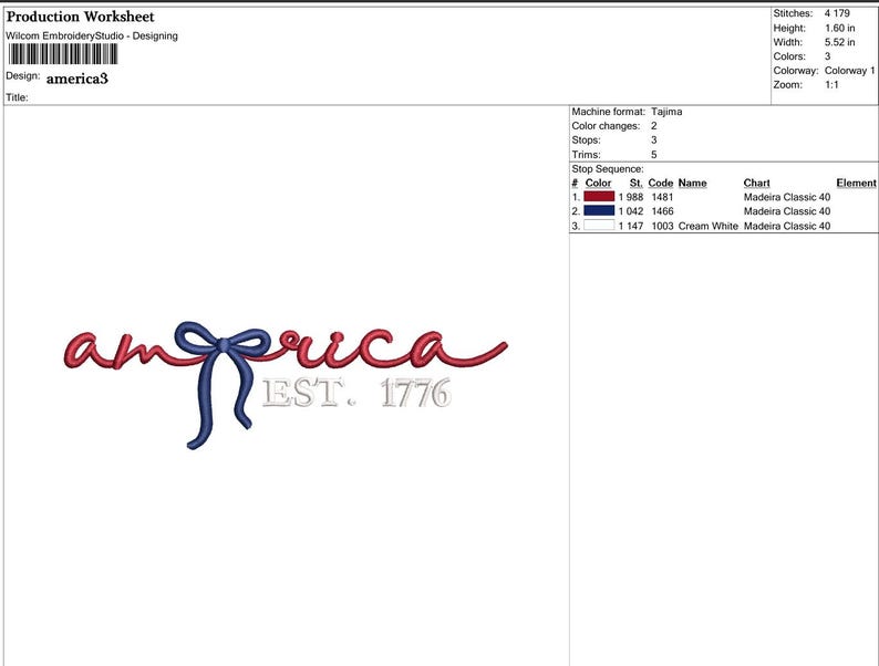 K&ouml;nnte beinhalten: Ein Stickdesign mit dem Wort "america" in roter Schrift und einer blauen Schleife. Darunter steht "EST. 1776". Das Design ist 4.06 cm hoch und 14.02 cm breit.