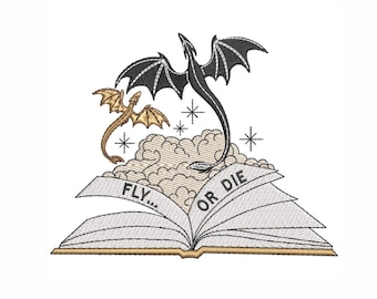 Diseño de bordado de dragón, patrón de bordado a máquina del libro de fantasía Fly or Die.