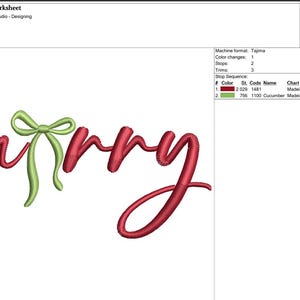 May include: A festive embroidery design featuring the word "merry" in a flowing script. The word is primarily red, with a green bow accent. The design is 3.51 inches wide and 1.77 inches high.