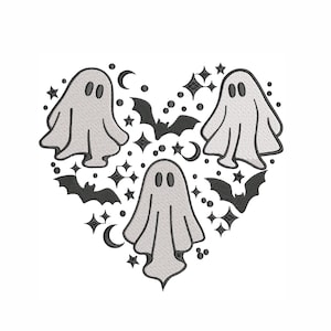 May include: A heart-shaped design featuring three grey ghosts, black bats, stars, and crescent moons. The ghosts have oval eyes and flowing robes. The bats, stars, and moons are black. Ideal for Halloween-themed crafts and decorations.