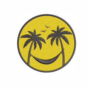 May include: Embroidered patch featuring a yellow circle with a black border. The design includes two black palm trees, a hammock, and birds, creating a smiling face. The patch is suitable for clothing or accessories.