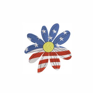 May include: A stylized flower design with petals featuring the American flag. The petals alternate between blue with white stars and red and white stripes. The center of the flower is yellow.