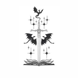 May include: Black and white illustration featuring a sword with a decorative hilt, flanked by two dragons and topped by a third. The sword is positioned above an open book, with star-shaped accents throughout the design. Fantasy themed.