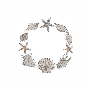 May include: Circular design featuring various seashells and starfish in shades of tan and brown, arranged in a ring. The design is set against a white background, creating a nautical or beach-themed aesthetic.