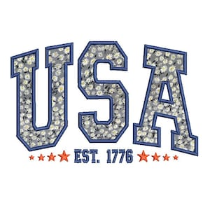 May include: Blue and white USA graphic with a daisy pattern. The text "EST. 1776" is below the graphic with five red stars on either side.