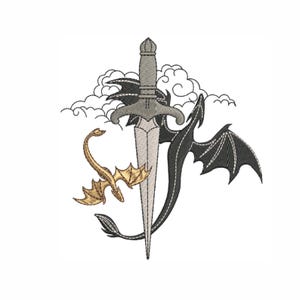 Könnte beinhalten: Gesticktes Design mit einem silbernen Dolch mit detailliertem Griff, flankiert von einem schwarzen Drachenflügel und einem goldenen Drachen. Über dem Dolch befindet sich eine wolkenartige Form. Das Design befindet sich auf weißem Hintergrund.