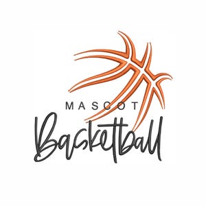 May include: A black and white graphic design of a basketball with the word "MASCOT" and the word "Basketball" in a stylized font.