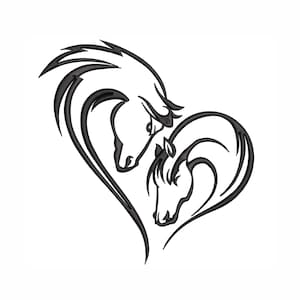 May include: A black and white illustration of two horses forming a heart shape. The horses are stylized with flowing lines, creating a sense of movement and connection. The design is suitable for various applications, such as apparel or home decor.