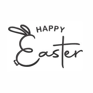 May include: Black and white illustration of a bunny rabbit with the text "Happy Easter" in a handwritten font.