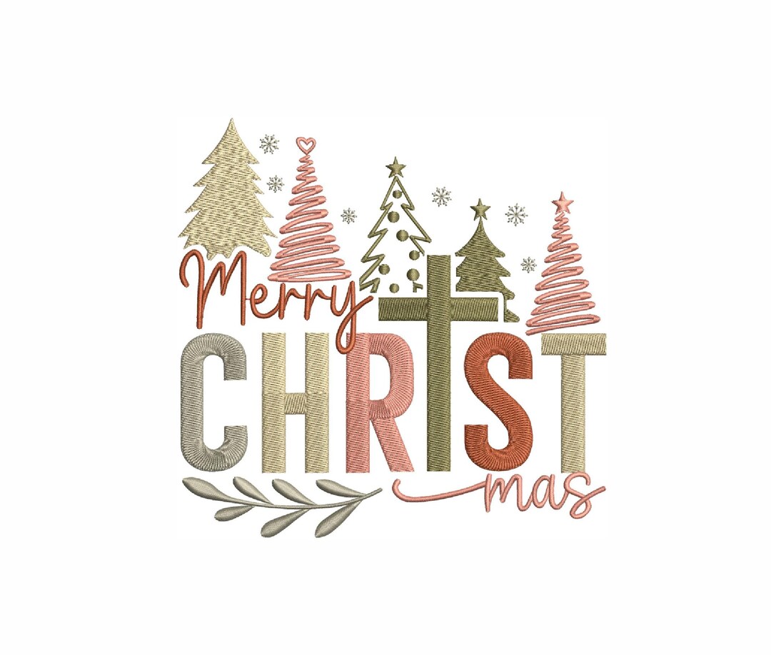 Merry Christmas Embroidery Design With Cross and Trees, Christian ...